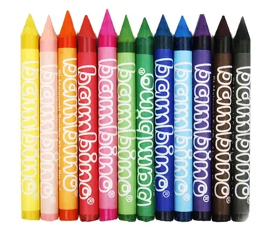 A row of colorful crayons with the brand name 'bambino' printed on them.