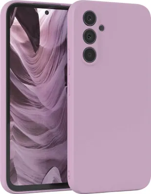 A close-up shot of a purple smartphone case on a white background, with the phone screen visible inside the case.