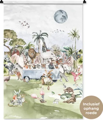 Produktbild von MuchoWow® Wandteppich Wandbehang Dschungel - Bus - Tiere - Kinder - Pflanzen 90x135 cm Tapisserie Dekoration Wandtuch - Baumwolle - Wandskulptur