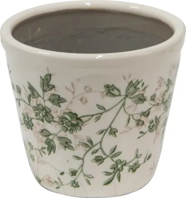 A ceramic pot with a floral pattern.