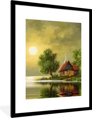 Produktbild von MuchoWow® Gerahmtes Poster Gemälde - Ölfarbe - Haus - Natur - Wasser 60x80 cm - Poster mit Schwarzem Bilderrahmen Wandposter Rahmen Foto Bilder - Wohnzimmer - Dekorationen - Prämie