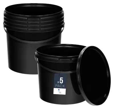 Immagine prodotto di Secchio BenBow con coperchio 10L x5 nero - sicuro per gli alimenti, robusto, ermetico, a prova di perdite, inodore - secchio in plastica con manico - vuoto