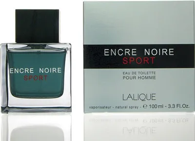 A bottle of Lalique Encre Noire Sport eau de toilette for men and its packaging are displayed side-by-side on a white background.