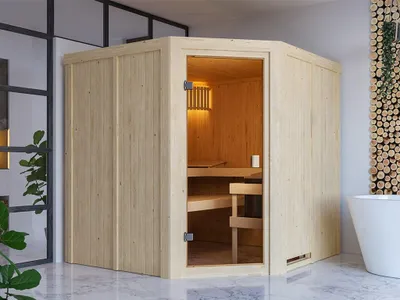 Produktbild von KARIBU Elementsauna Celine 3 Fichte 68 mm, Innensauna für 2 3 Personen, Systembauweise mit bronzierter Ganzglastür, 3 Liegen, Ofenschutzgitter, energiesparend