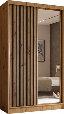 Obrázek produktu pro Lamelová Šatní Skříň se Zrcadlem a Lištami, Šatní Tyč 120 150 160 180 240 cm Šatní Skříň s Posuvnými Dveřmi do Ložnice - 120 cm - Dub Artisan + Dřevěné Lamely Černé