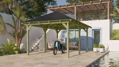 Produktbild von Pavillon Holz Gartenpavillon Gartenlaube Perida im Set mit Schindeln kesseldruckimprägniert 289x429x296 cm