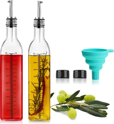 Produktbild von com-four® 2x Ölflasche aus Glas bis 500ml, Ölspender mit Skala und Trichter zum Mischen für Öle, Essig, Likör, Spirituosen - jeweils mit Aufsatz, Deckel, Ausgießer, Kläppchen