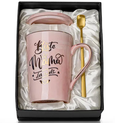Immagine prodotto di Tazza da caffè "Mamma", "La mamma migliore del mondo", 14 once, Vetroceramica rosa con coperchio