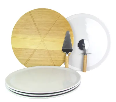 Produktbild von 4er Set Retsch Arzberg Pizzateller Ø 33cm inkl. Echtholz Pizzabrett Ø 35cm Edelstahl Pizzaschneider & Pizzaheber