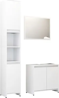 A white bathroom vanity set including a tall cabinet, a mirror, and a vanity base.