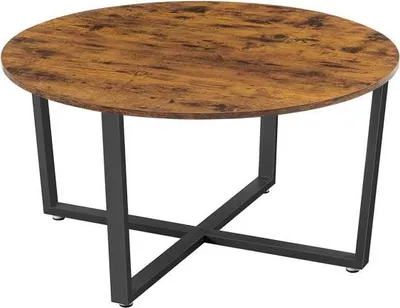 A round coffee table with a rustic brown wood-grain top and a black metal X-shaped base, shown against a white background.