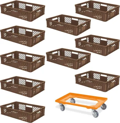 Produktbild von 10 Euroboxen, 600x400x150 mm, lebensmittelecht, braun + 1 Transportroller, orange