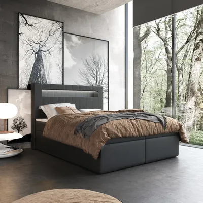 Zdjęcie produktu dla Łóżko kontynentalne dwuosobowe ROTTWEIL – łóżko o wymiarach 180 x 200 cm z materacem typu bonell, z pojemnikiem na pościel i nakładką. Łóżko z zagłówkiem. Zagłówek z oświetleniem LED (Soft 11)