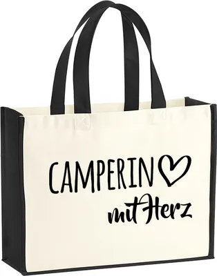 Produktbild von Huuraa Jutetasche Camperin mit Herz 21 Liter Black Jute und Baumwolle Einkaufstasche Geschenkidee