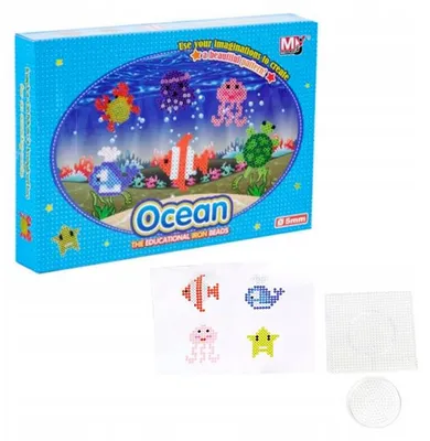 Imagen del producto de Perlas termoadhesivas de 1000 unidades, 5 mm, con motivos de animales marinos. Set que incluye plantillas, almohadillas y pinzas, ideal para niños a partir de 3 años