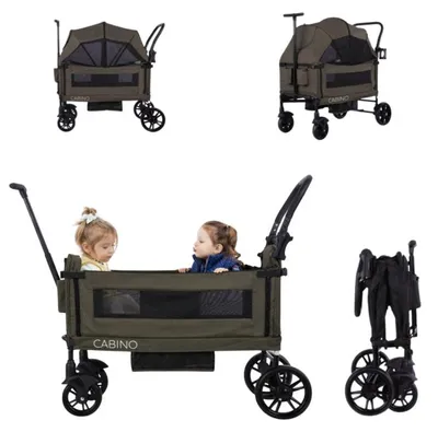 Produktbild von Cabino Bollerwagen Waggie Grün – faltbarer Handwagen für 2 Kinder mit Gurten, abnehmbarem Sonnendach, Tablett und Becherhalter, bis 50 kg