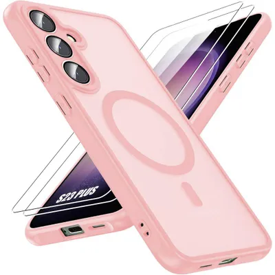 Image de Coque pour Samsung Galaxy S23 Plus, avec Anneau Magnétique et Vitre Caméra - Rose - 2 Verre Trempé