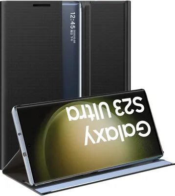 A black flip case for a Samsung Galaxy S23 Ultra phone is shown, with the phone inside displaying its screen.