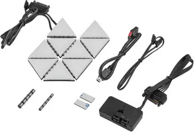 A collection of Corsair iCUE LC100 lighting components and accessories laid out on a white background.