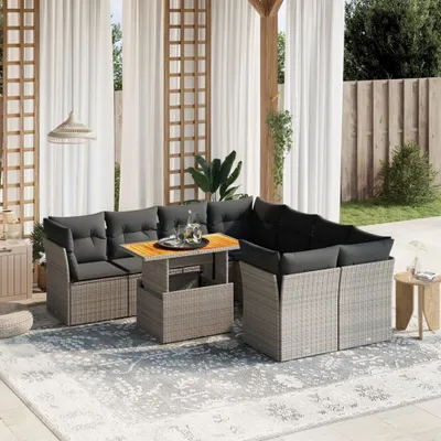Produktbild von Design 9-tlg. Garten-Sofagarnitur mit Kissen Grau Poly Rattan, Gartenmöbel-Sets 2024 Neu