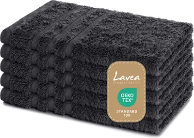 Produktbild von Lavea® 5er Set Gästehandtücher 30x50 cm – Weiche und Saugstarke Gästetücher aus 100% Baumwolle, Frottierserie Elena – Anthrazit