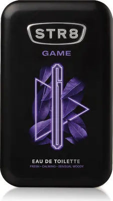 A black bottle of STR8 Game Eau De Toilette with purple accents and text.