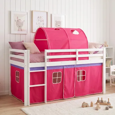 Produktbild von Homestyle4u Hochbett 90x200 Kinder mit Lattenrost Tunnel Vorhang Rosa Pink Mädchen Kinderbett Weiß Holz Kiefer mit Rausfallschutz Spielbett