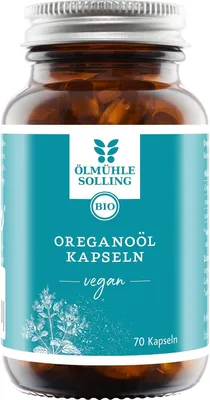 Image de ÖLMÜHLE SOLLING, capsules d'huile d'origan 70 capsules – 91 mg de carvacrol et 3,9 mg de thymol par capsule – 130 mg d'huile essentielle d'origan – avec huile d'olive– produit végétalien