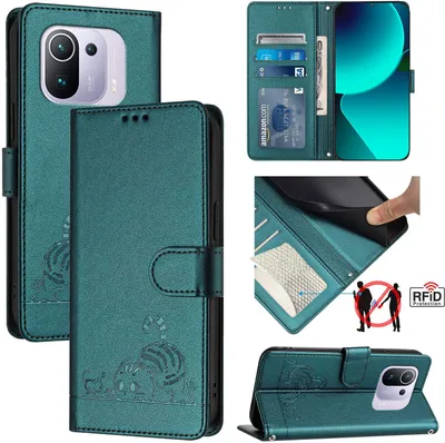 Obrázek produktu pro Kožené pouzdro pro Xiaomi Mi 11 Pro, sladká kočka Flip pouzdro s funkcí stojánku a peněženkou zelené