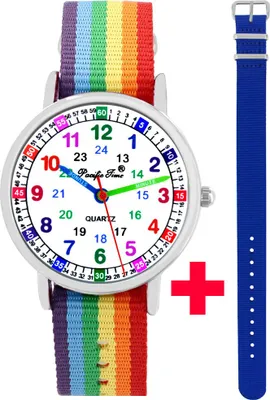 Produktbild von Kinder Armbanduhr Mädchen Jungen Uhr Lernuhr Einschulung 2 Armbänder Regenbogen royalblau