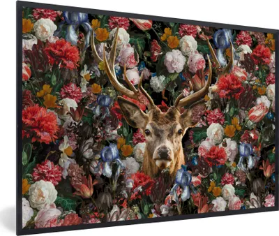 Produktbild von MuchoWow® MuchoWow® Gerahmtes Poster Hirsche - Geweihe - Blumen 30x20 cm - Poster mit zchwarzem Bilderrahmen - Kunstdruck - Bild-Poster