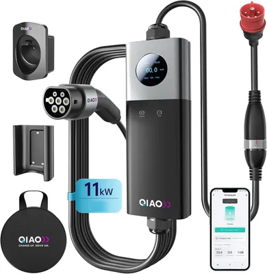 Produktbild von Qiao Kit Mobile Wallbox 11 kW 16 A dreiphasig, 6.5 m Typ Kabel 2 mit F/E-Stecker, CEE 32A rot/blau, CEE 16A für Elektrofahrzeuge