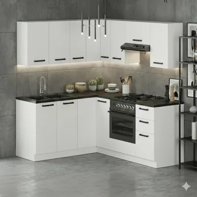 Produktbild von ULWEHOME | Eckküche 360 cm Mattweiß, Küchenmöbel-Set mit Arbeitsplatten 3,6 m, Eckküchenzeile, L-Küche, Küchenzeile, Eckschrank, Spülenschrank