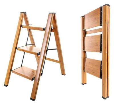 Image de Escalier pliant à 3 marches, en aluminium imitation bois, couleur bois + noir