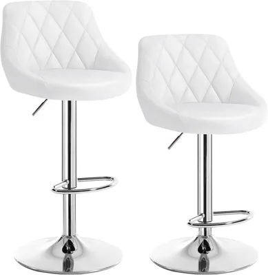 Two white bar stools with chrome bases and adjustable height.