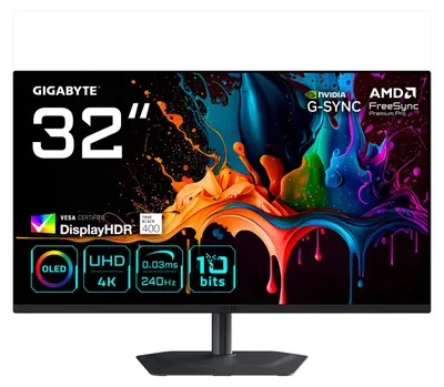 Immagine prodotto di GIGABYTE MO32U2 Monitor Gaming OLED 32 pollici 4K UHD - 3840 x 2160, 240Hz, 0.03ms, 250 cd/m², G-Sync Compatibile, FreeSync Premium Pro, Display HDR True Black 400, HDMI 2.1, DisplayPort 1.4