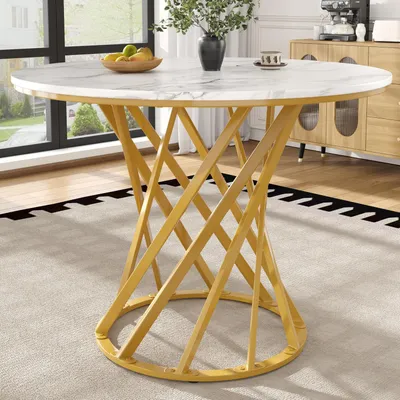 Obrázek produktu pro Kulatý jídelní stůl, rozměry 80x80 cm, bílá barva s vzhledem mramoru, kovové nohy