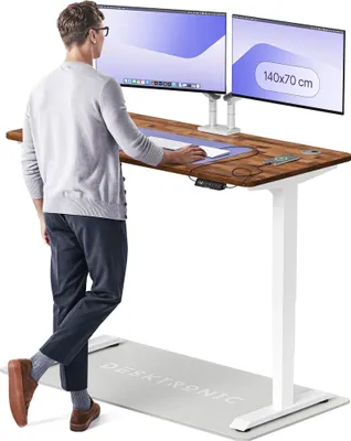 Image de Desktronic HomePro Bureau électrique réglable en hauteur 140x70cm Noyer massif/Blancavec fonction mémoire, technologie anti-collision, ports de chargement USB-A et USB-C