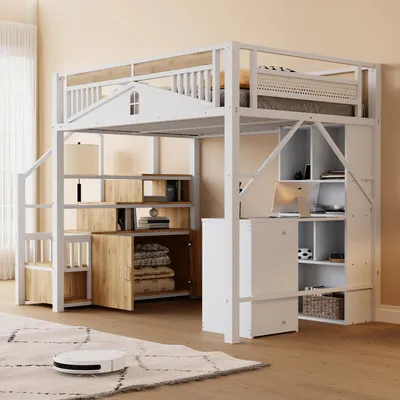 A loft bed with integrated storage and a desk, set up in a room.