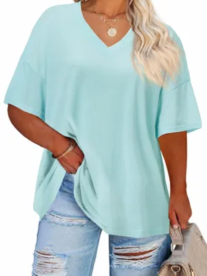 Imagen del producto de Camiseta de corte amplio para mujer - Manga corta - Cuello en V - Blusa casual - Tejido transpirable - Suave y cómoda