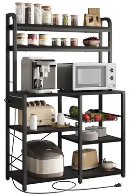Immagine prodotto di Ripiano per cucina - Portaoggetti per forno a microonde - Con presa di corrente - Struttura in metallo - Ripiani in legno - Ripiano aperto per cucina - Modello D - Nero