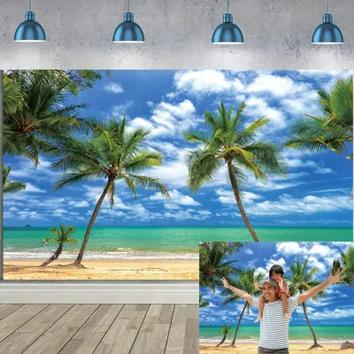 Imagen del producto de Fondo fotográfico de playa con palmeras, 210x150 cm, de vinilo, ideal para fiestas de verano y para niños