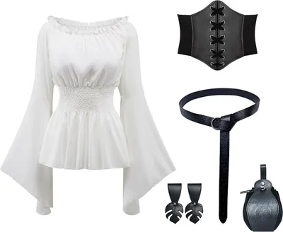 Produktbild von Mittelalter Piratenkostüm Damen Bluse mit Korsett Gürtel Gürteltasche XL Weiß