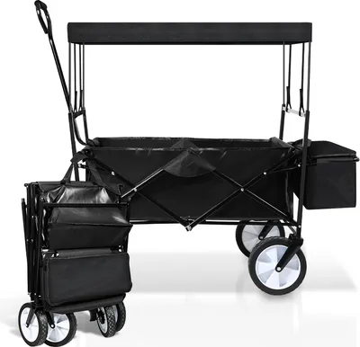 Produktbild von TolleTour Bollerwagen mit Dach Schwarz faltbar Handwagen Klappbar Gartenwagen Transportwagen