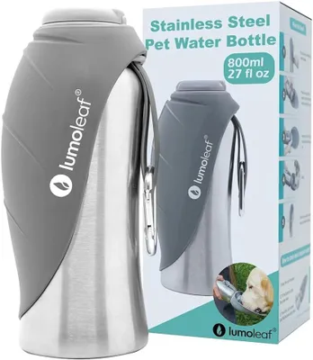 Produktbild von Trinkflasche für Hunde für unterwegs – 800 ml – Edelstahl – 2-in-1 mit Trinknapf – grau
