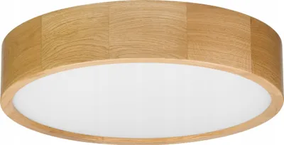 A round, flush-mount ceiling light with a wooden frame and a white diffuser.