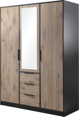 Produktbild von MIRJAN24 Kleiderschrank Lati D3, Drehtürenschrank mit 3 Drehtüren und 3 Schubladen, Frontspiegel (Farbe: Schwarz / Eiche Viking)