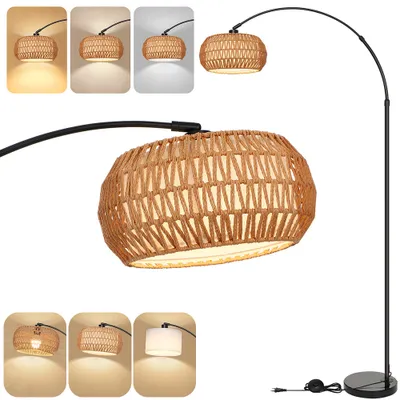 Produktbild von 183cm Stehlampe Wohnzimmer Mit Rattan Lampenschirm, Boho Led Stehleuchte Dimmbar Vintage Bogenlampe Industrial Hohe Lampe Schlafzimmer Büro, Schwarz