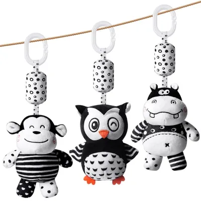 Produktbild von Babyrassel Greifling Hängespielzeug - Schwarz-Weiß - Set mit 3 Stück - Für Kinderwagen und Autositz
