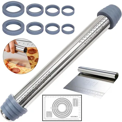 Produktbild von Ausrollstab Edelstahl mit 4 verstellbaren Distanzringen,Nudelholz für Teigdicke 2/3/6/10mm, inkl. Silikon-Backmatte & Teigschaber, Antihaft-Teigrolle für Pizza, Kekse & Fondant